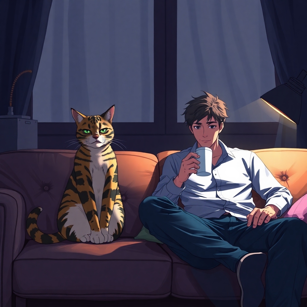 Digital painting Isekai anime style high contrast low key lighting bright vibrant colors a tabby cat and a man with tired eyes sit apart on a plush sofa drinking coffee expressive composition deep shadows dramatic ligh
